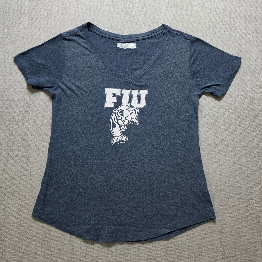 Redshirt FIU Graphic T-Shirt Women Small Blue V-Neck Panthers Logo Tee